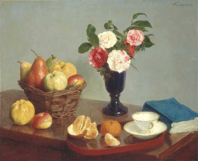Fruit Basket and Flowers on Table - Still Life Oil Painting - Oil Painting Haven