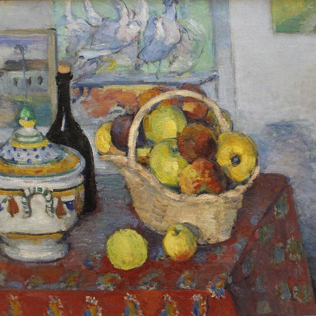 Fruit Basket with Bottle and Bowl - Still Life Oil Painting - Oil Painting Haven