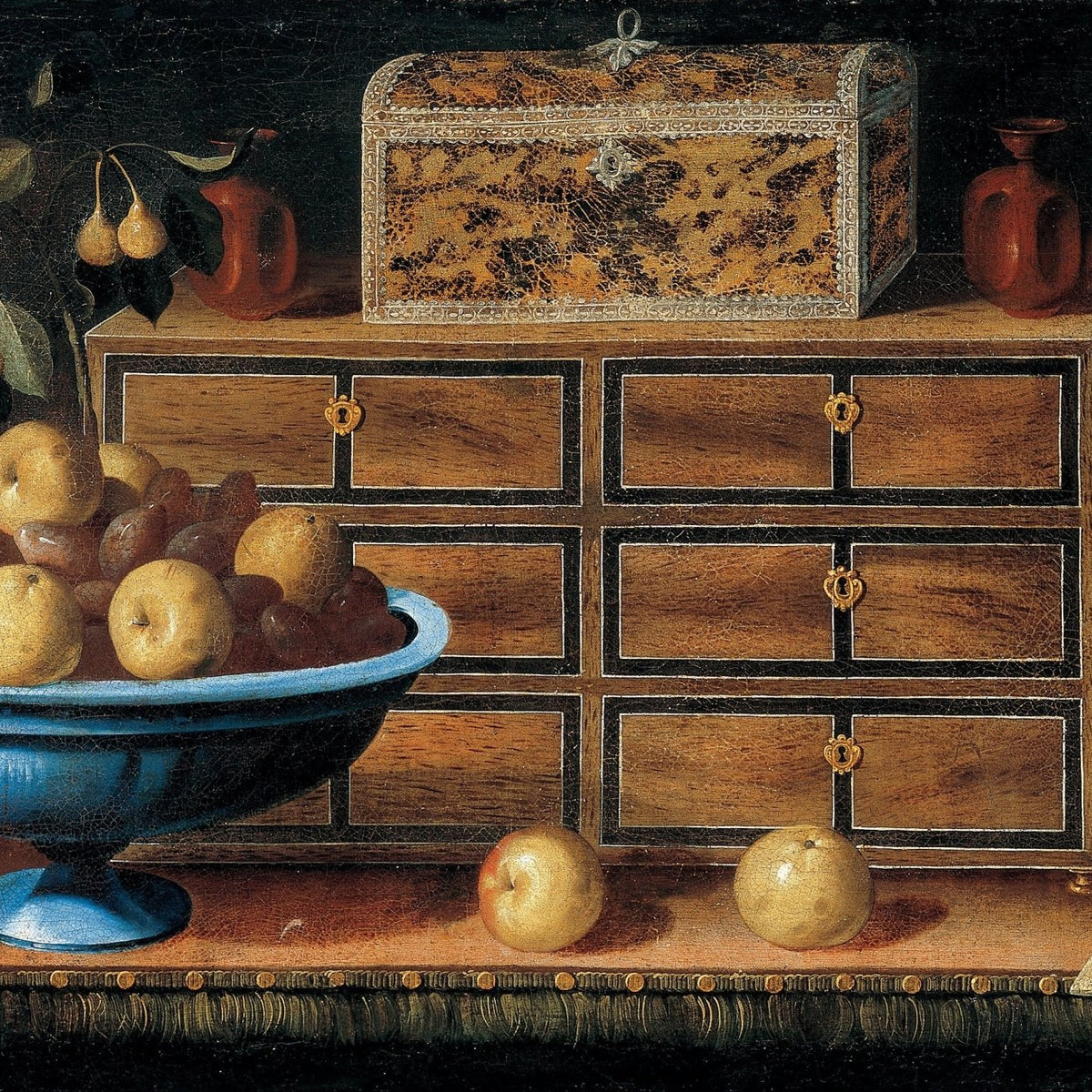 Fruit Bowl and Wooden Cabinet Scene - Still Life Oil Painting - Oil Painting Haven