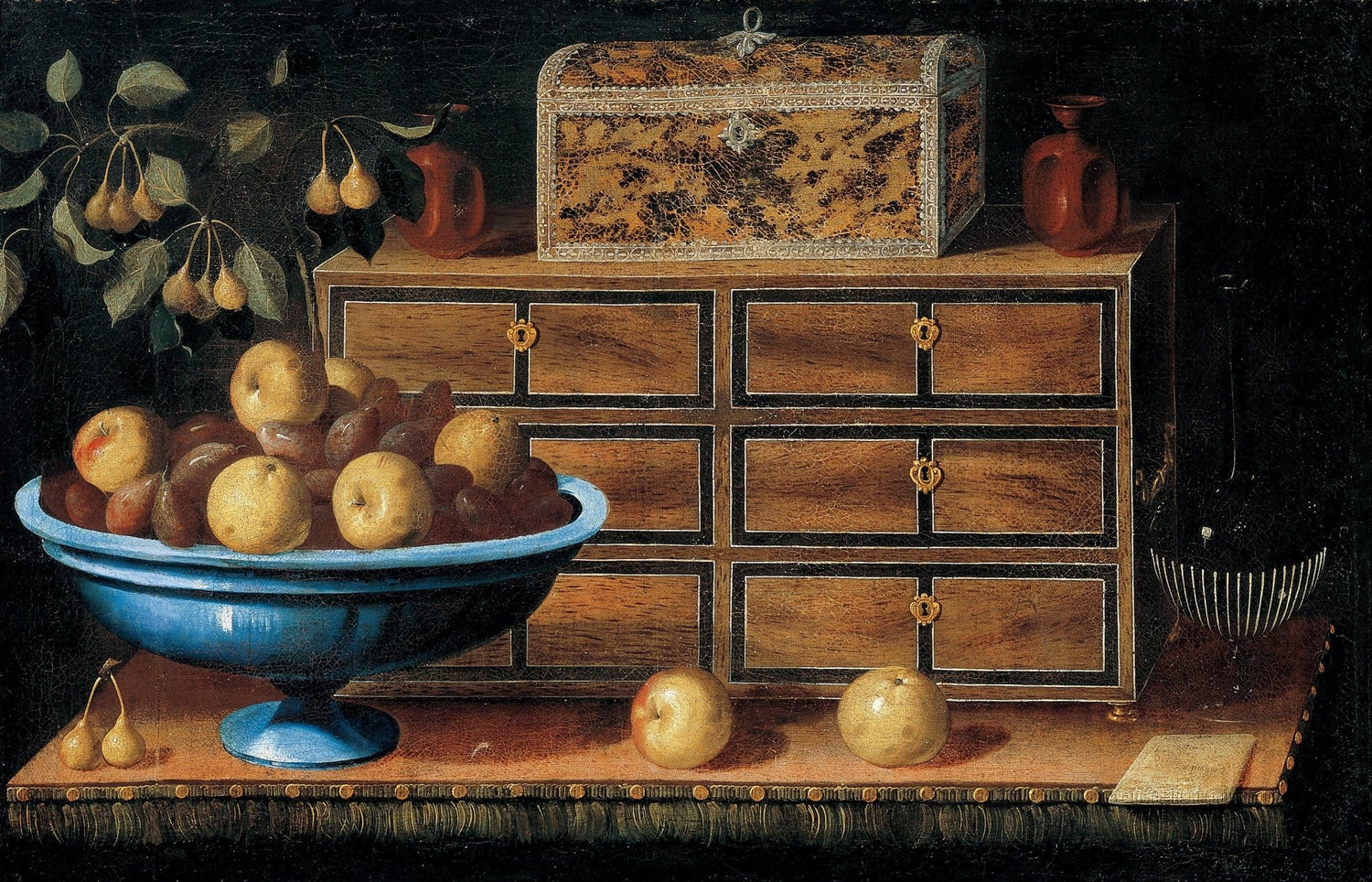 Fruit Bowl and Wooden Cabinet Scene - Still Life Oil Painting - Oil Painting Haven