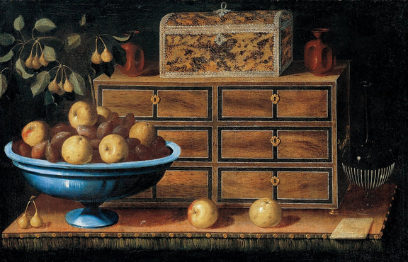 Fruit Bowl and Wooden Cabinet Scene - Still Life Oil Painting - Oil Painting Haven