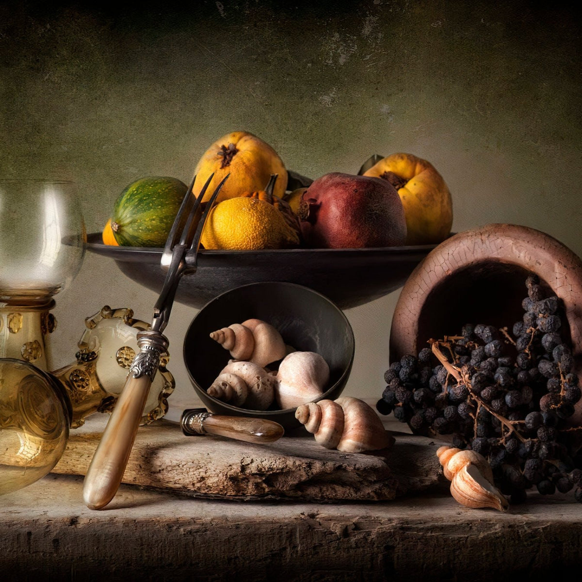 Fruit Bowl, Grapes and Vintage Lamp - Still Life Oil Painting - Oil Painting Haven