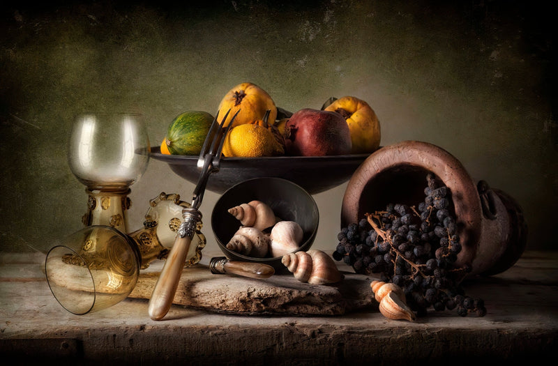Fruit Bowl, Grapes and Vintage Lamp - Still Life Oil Painting - Oil Painting Haven