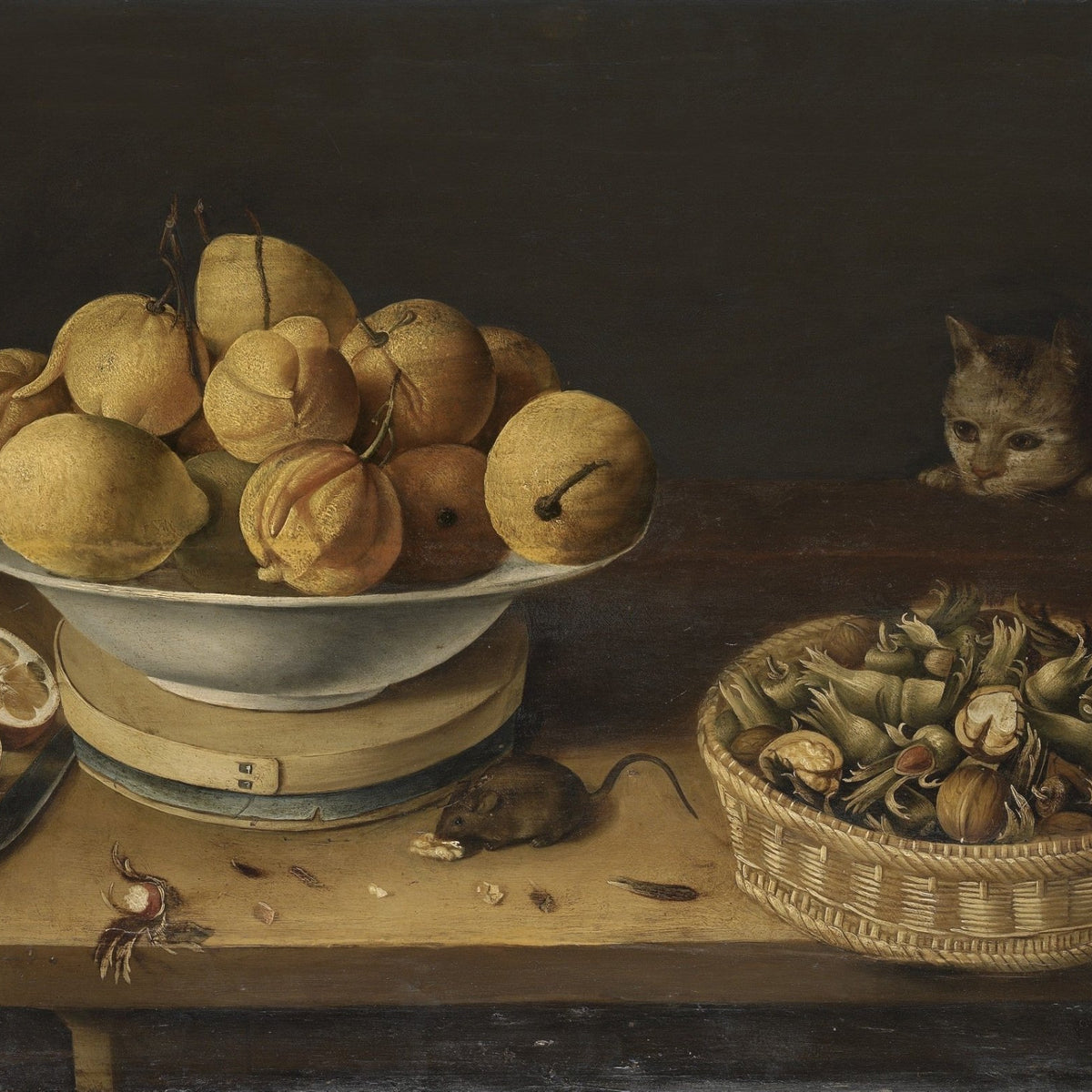 Fruit Bowl, Mushrooms and Curious Cat - Still Life Oil Painting - Oil Painting Haven