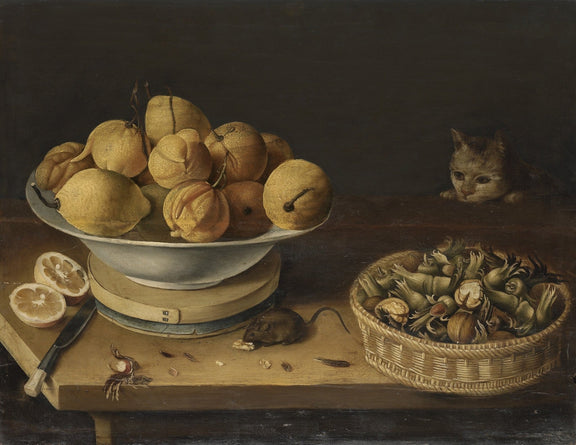 Fruit Bowl, Mushrooms and Curious Cat - Still Life Oil Painting - Oil Painting Haven