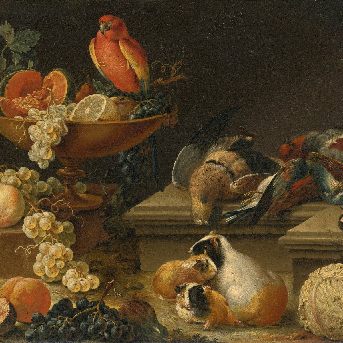 Fruit Bowl with Parrot and Game Birds - Still Life Oil Painting - Oil Painting Haven