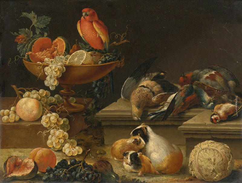 Fruit Bowl with Parrot and Game Birds - Still Life Oil Painting - Oil Painting Haven