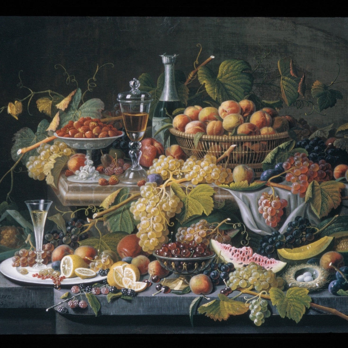Fruit Feast with Grapes and Wine Glass - Still Life Oil Painting - Oil Painting Haven