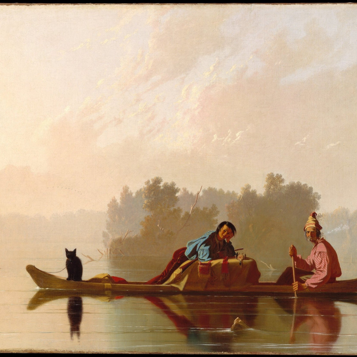 Fur Traders in Canoe on Quiet River at Dawn - People Oil Painting - Oil Painting Haven