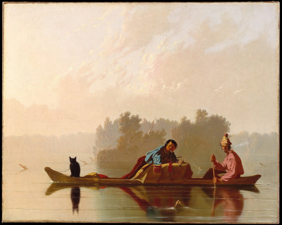 Fur Traders in Canoe on Quiet River at Dawn - People Oil Painting - Oil Painting Haven