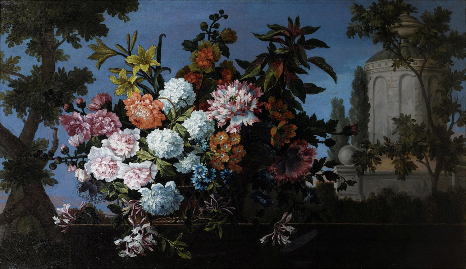 Garden Bouquet with Classical Architecture – Floral Oil Painting - Oil Painting Haven