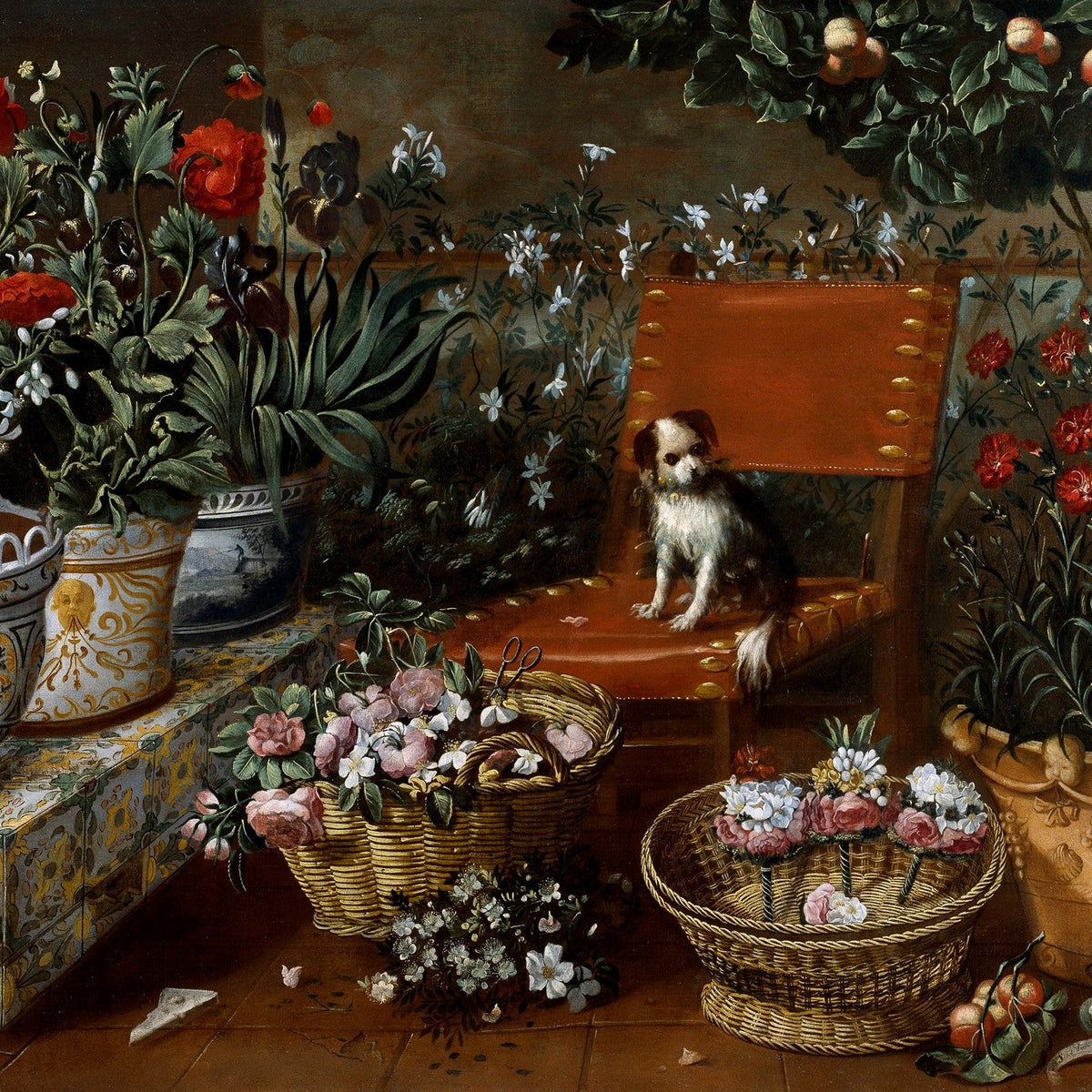 Garden Flowers and Small Dog Scene - Still Life Oil Painting - Oil Painting Haven