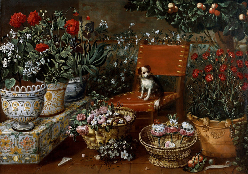 Garden Flowers and Small Dog Scene - Still Life Oil Painting - Oil Painting Haven