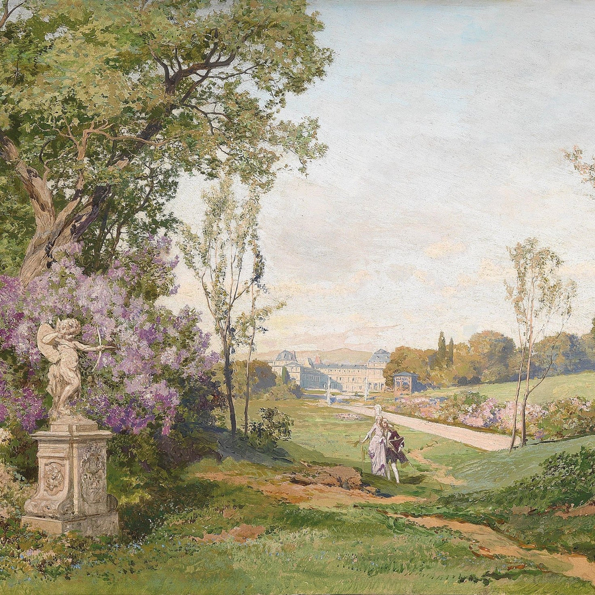 Garden Path with Statue, Flowers, and Figures – Landscape Oil Painting - Oil Painting Haven