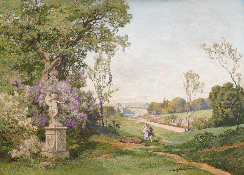 Garden Path with Statue, Flowers, and Figures – Landscape Oil Painting - Oil Painting Haven