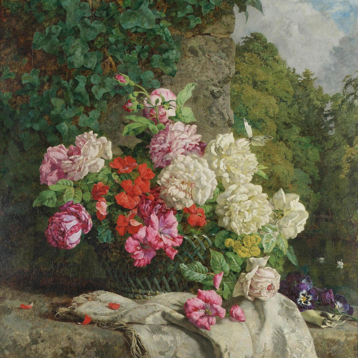 Garden Rose Bouquet by Stone Wall – Floral Oil Painting - Oil Painting Haven