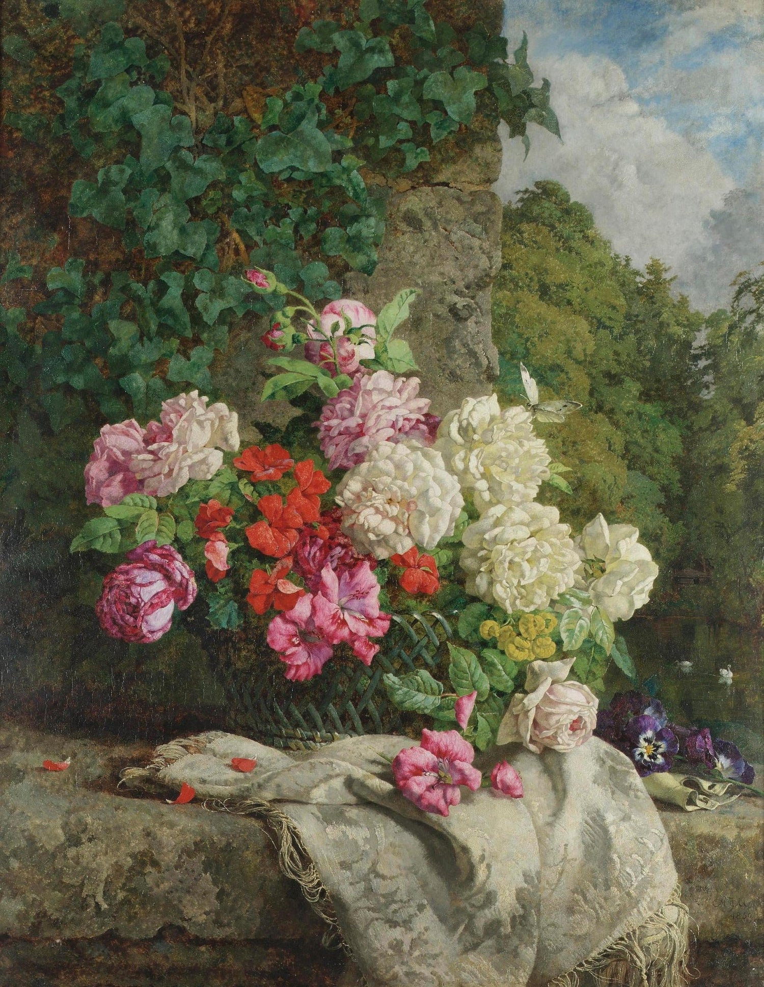 Garden Rose Bouquet by Stone Wall – Floral Oil Painting - Oil Painting Haven