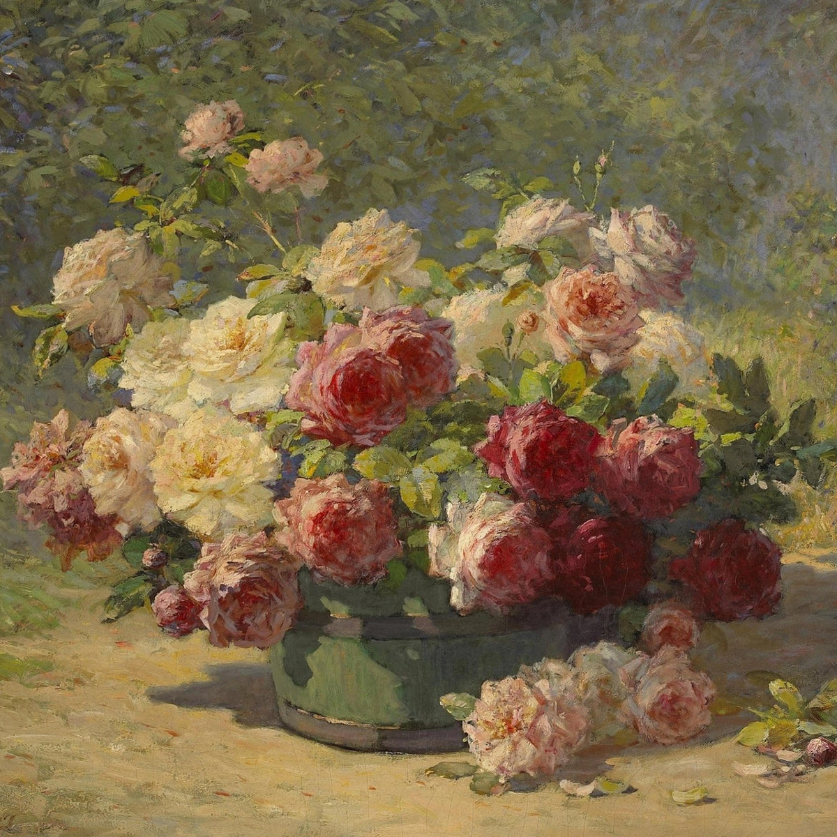 Garden Roses in Sunlight Basket – Floral Oil Painting - Oil Painting Haven
