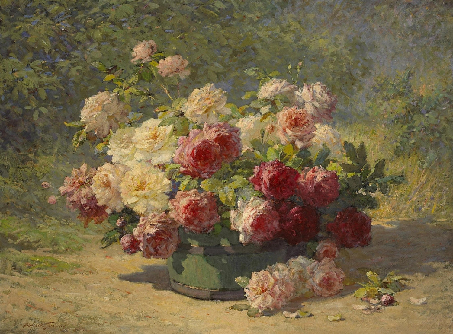 Garden Roses in Sunlight Basket – Floral Oil Painting - Oil Painting Haven