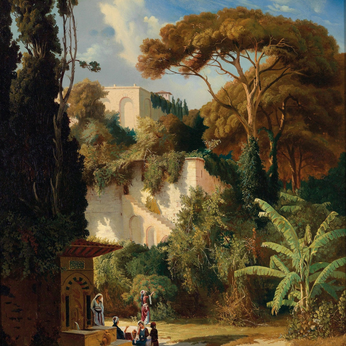 Garden with Ancient Ruins & Tropical Foliage – Landscape Oil Painting - Oil Painting Haven