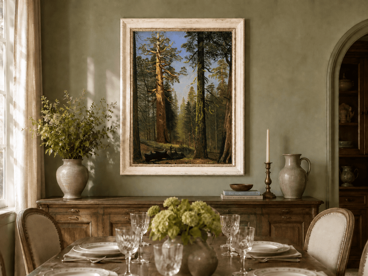 Framed hand-painted giant sequoia forest oil painting with towering trees and sunlight displayed above a formal dining table.
