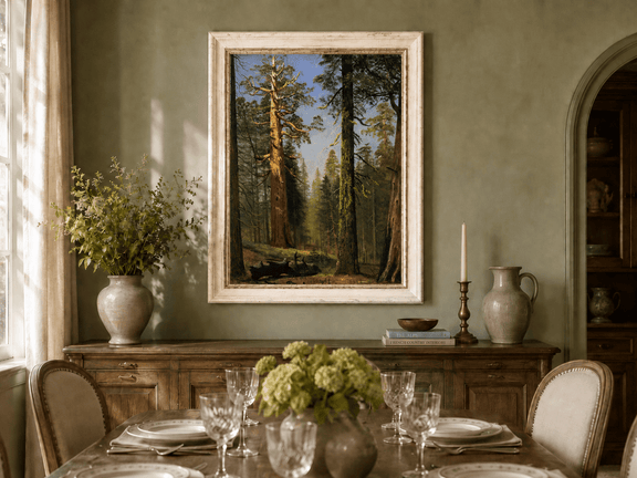 Framed hand-painted giant sequoia forest oil painting with towering trees and sunlight displayed above a formal dining table.