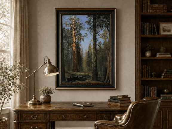 Framed hand-painted giant sequoia forest oil painting with towering trees and sunlight displayed above a traditional home office desk.
