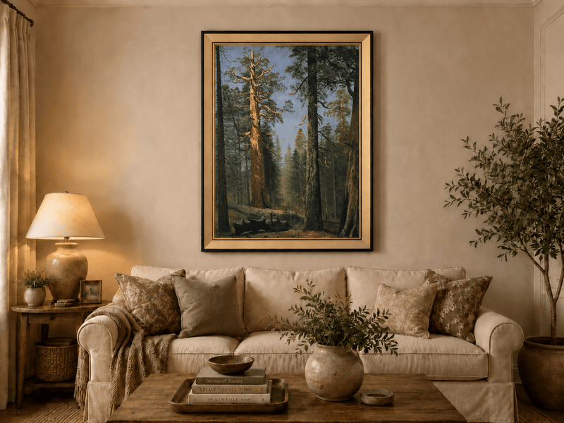 Framed hand-painted giant sequoia forest oil painting with towering trees and sunlight displayed above a neutral living room sofa.