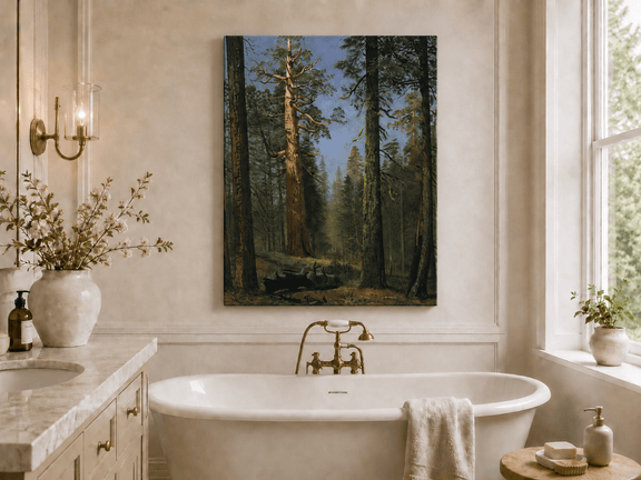 Unframed hand-painted giant sequoia forest oil painting with towering trees and sunlight displayed above a freestanding bathtub.