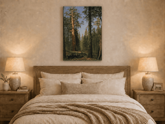 Unframed hand-painted giant sequoia forest oil painting with towering trees and sunlight displayed above a wooden bed in a neutral bedroom.