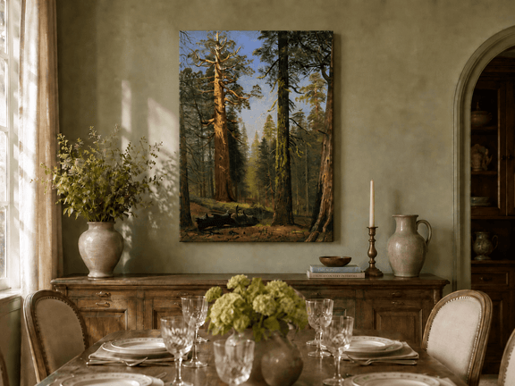 Unframed hand-painted giant sequoia forest oil painting with towering trees and sunlight displayed above a formal dining table.
