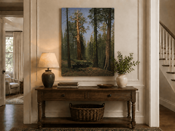 Unframed hand-painted giant sequoia forest oil painting with towering trees and sunlight displayed above an entryway console table.