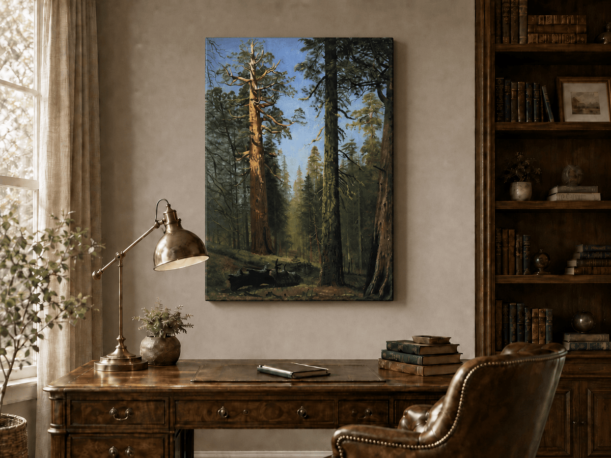 Unframed hand-painted giant sequoia forest oil painting with towering trees and sunlight displayed above a traditional home office desk.