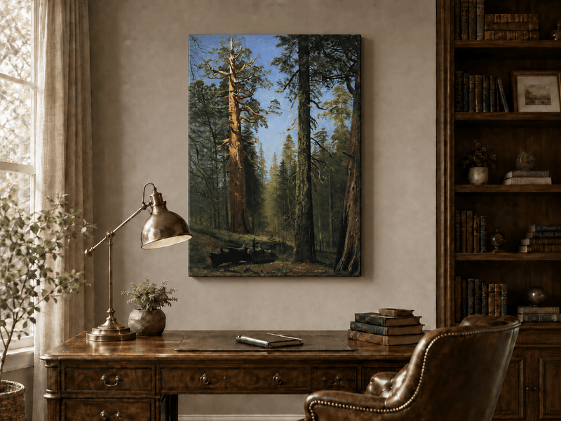 Unframed hand-painted giant sequoia forest oil painting with towering trees and sunlight displayed above a traditional home office desk.