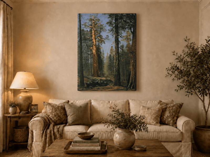 Unframed hand-painted giant sequoia forest oil painting with towering trees and sunlight displayed above a neutral living room sofa.
