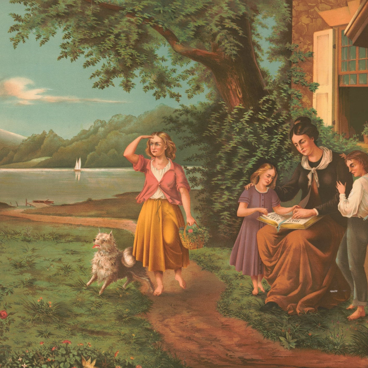 Girl Walking by Lake with Family Reading - People Oil Painting - Oil Painting Haven
