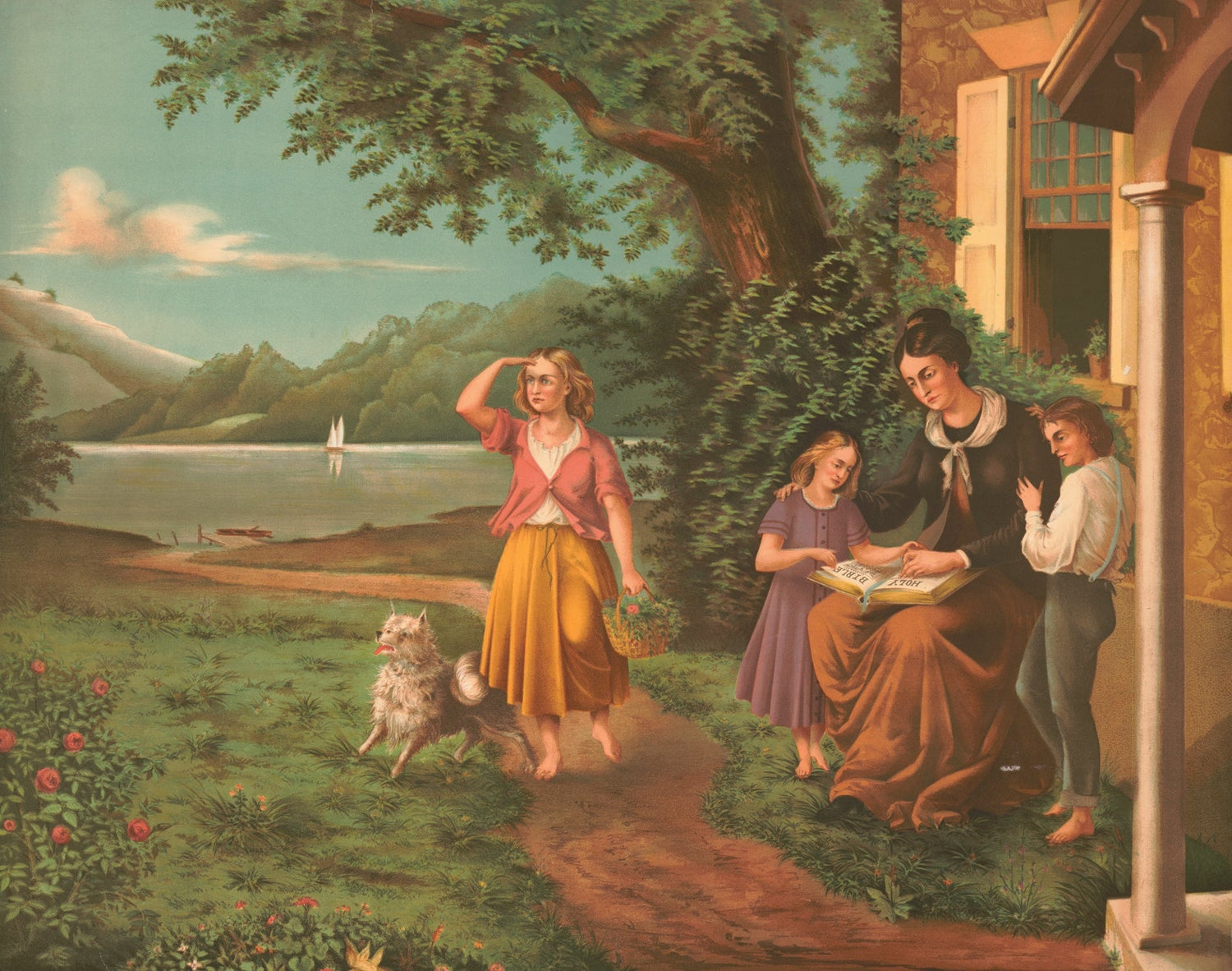 Girl Walking by Lake with Family Reading - People Oil Painting - Oil Painting Haven
