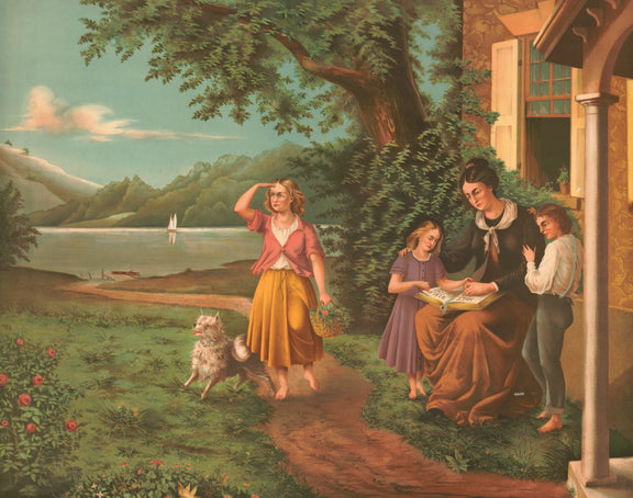 Girl Walking by Lake with Family Reading - People Oil Painting - Oil Painting Haven