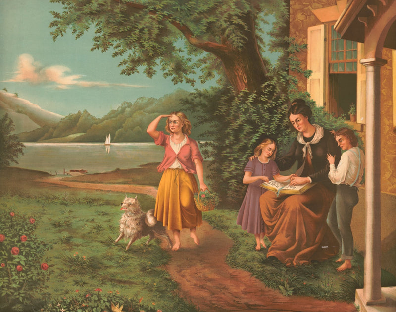 Girl Walking by Lake with Family Reading - People Oil Painting - Oil Painting Haven