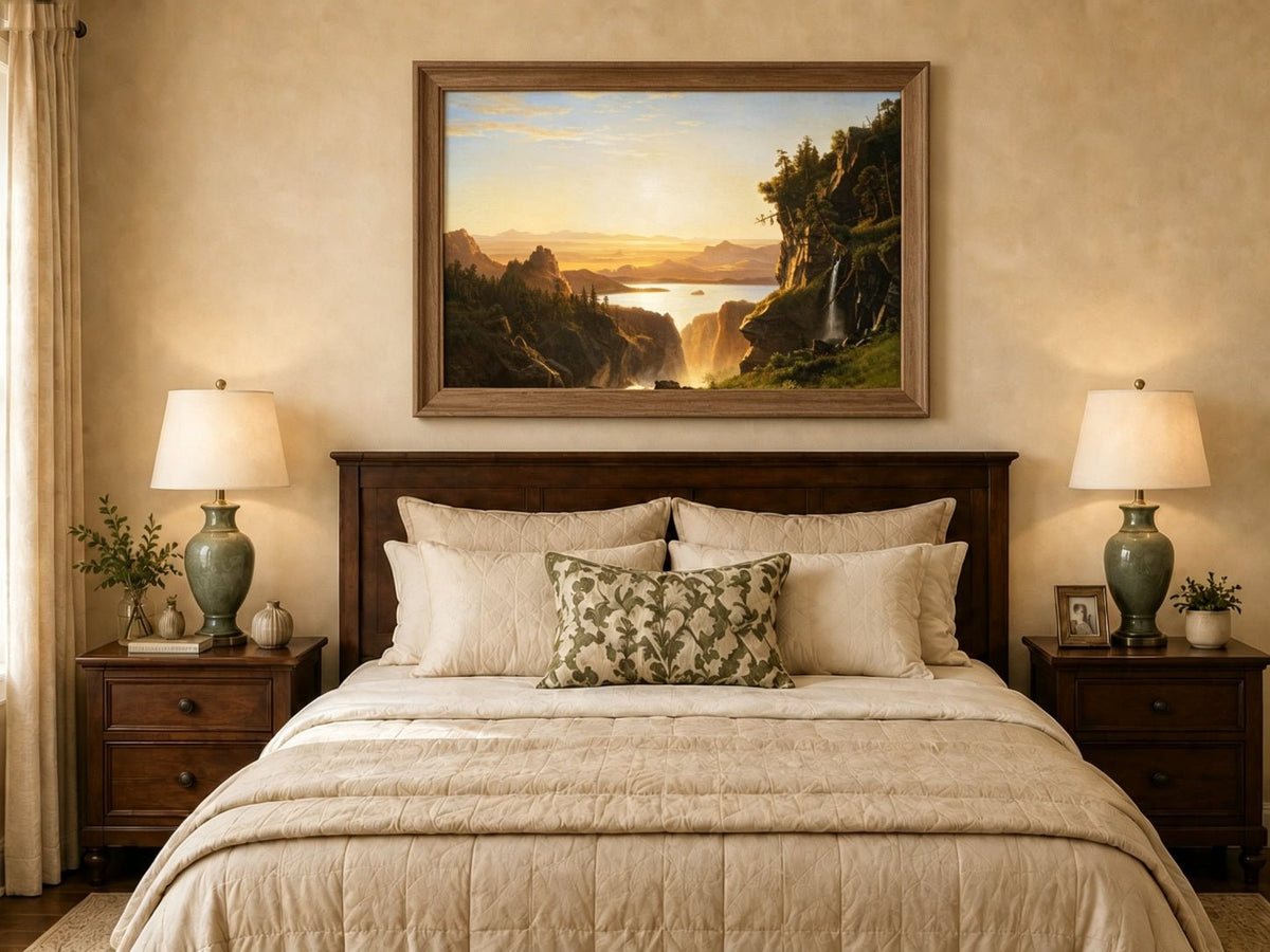 Framed hand-painted golden canyon oil painting with a lake and distant waterfall displayed above a wooden bed in a neutral bedroom.