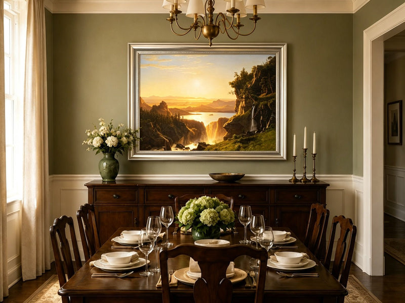 Framed hand-painted golden canyon oil painting with a lake and distant waterfall displayed above a formal dining table.