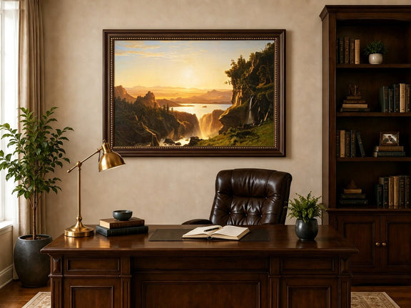 Framed hand-painted golden canyon oil painting with a lake and distant waterfall displayed above a traditional home office desk.