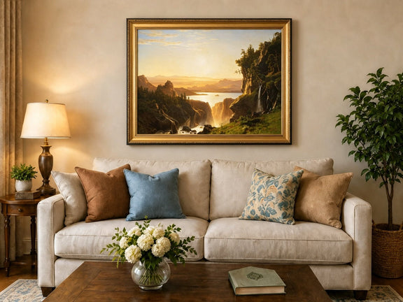 Framed hand-painted golden canyon oil painting with a lake and distant waterfall displayed above a neutral living room sofa.