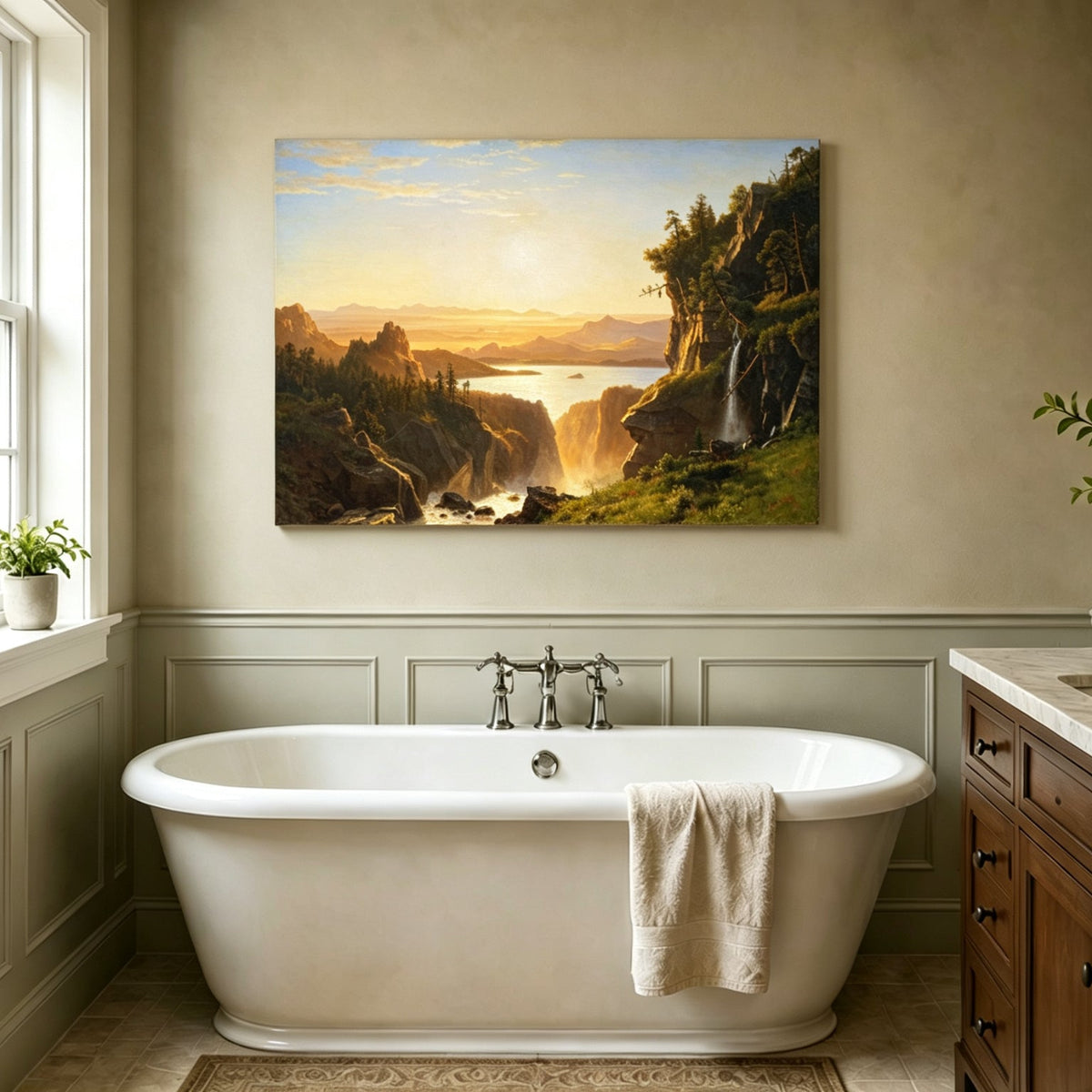 Unframed hand-painted golden canyon oil painting with a lake and distant waterfall displayed above a freestanding bathtub.