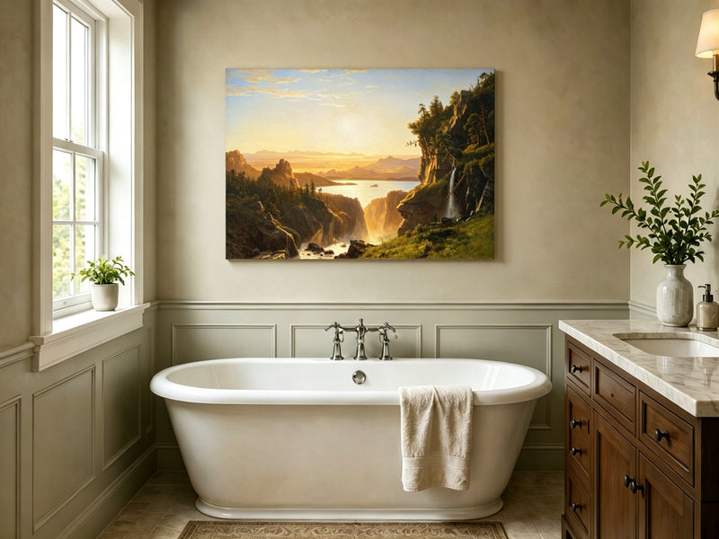 Unframed hand-painted golden canyon oil painting with a lake and distant waterfall displayed above a freestanding bathtub.
