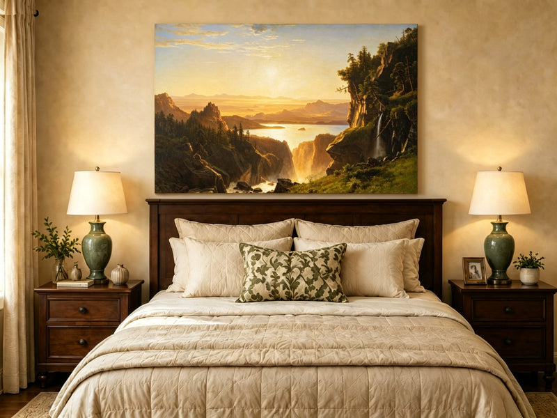 Unframed hand-painted golden canyon oil painting with a lake and distant waterfall displayed above a wooden bed in a neutral bedroom.
