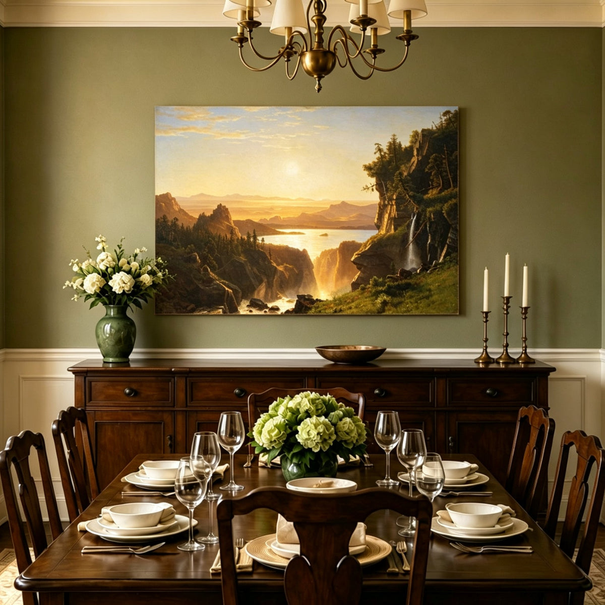 Unframed hand-painted golden canyon oil painting with a lake and distant waterfall displayed above a formal dining table.