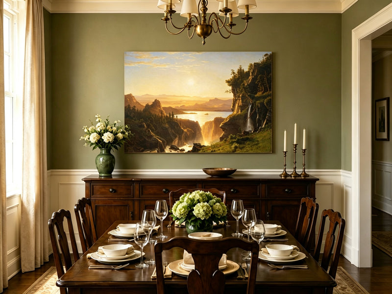 Unframed hand-painted golden canyon oil painting with a lake and distant waterfall displayed above a formal dining table.