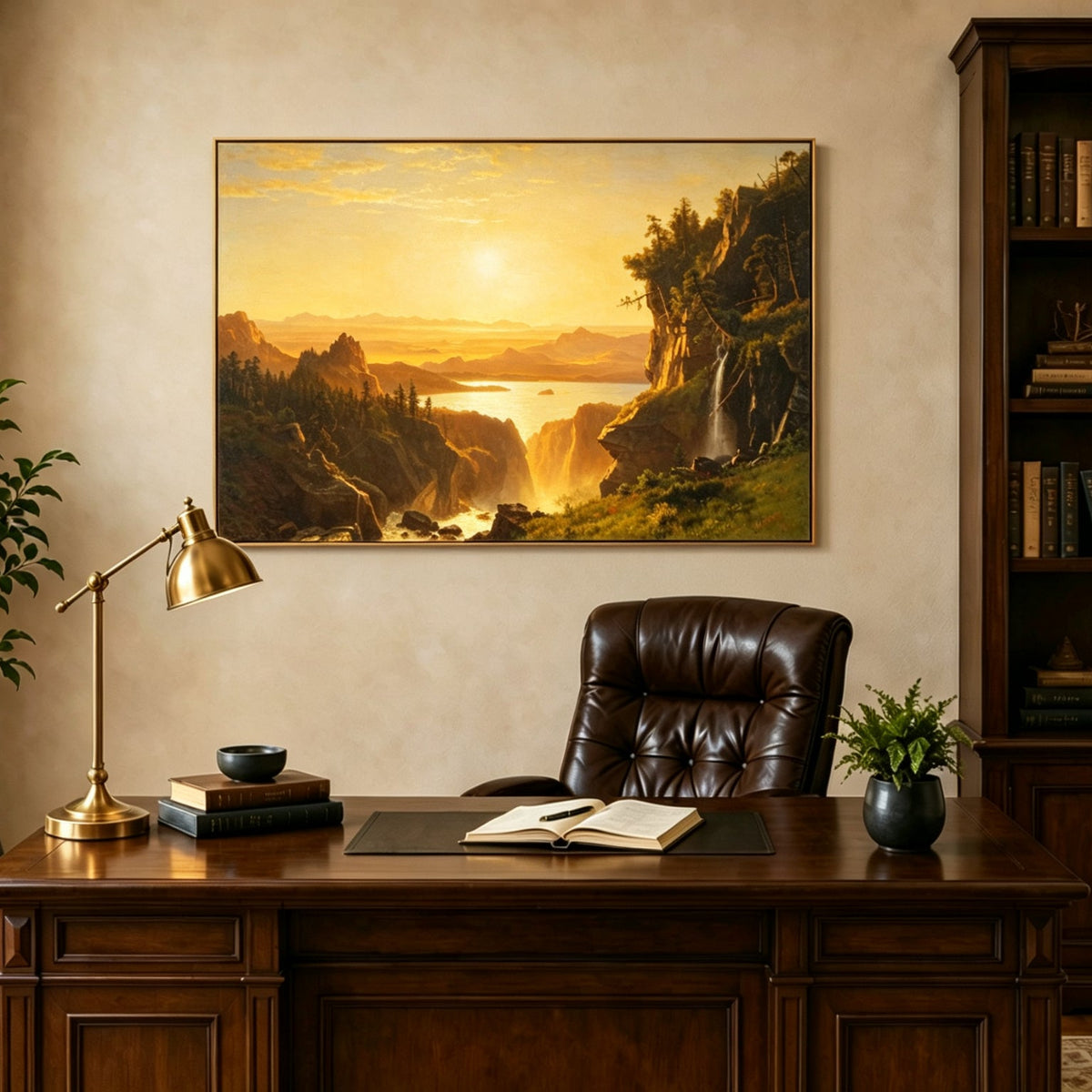 Unframed hand-painted golden canyon oil painting with a lake and distant waterfall displayed above a traditional home office desk.