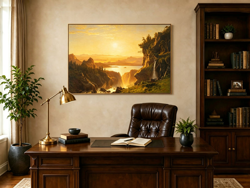 Unframed hand-painted golden canyon oil painting with a lake and distant waterfall displayed above a traditional home office desk.